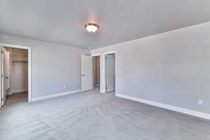 Unfurnished bedroom featuring carpet flooring, a spacious closet, and a textured ceiling