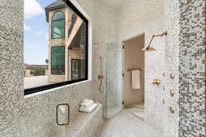 Bathroom with a fireplace and a shower with shower door