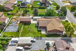 Aerial perspective of suburban area with property parcel outlined