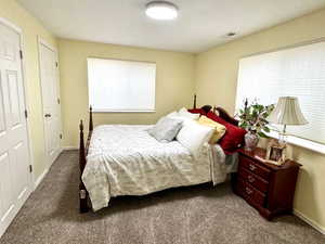 Carpeted bedroom featuring a textured ceiling