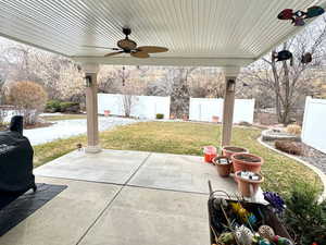 View of patio with ceiling fan