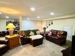 Living room with carpet flooring and a textured ceiling