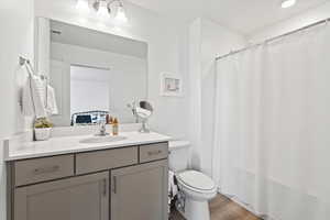 Bathroom featuring toilet, vanity, and hardwood / wood-style floors