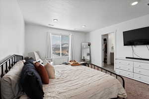 Carpeted bedroom featuring a textured ceiling