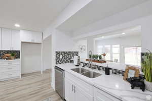 Kitchen featuring white cabinetry, light stone countertops, sink, backsplash, and dishwasher