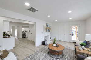 Living room with light wood-type flooring and sink