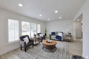 Living room with light wood-type flooring and a wealth of natural light