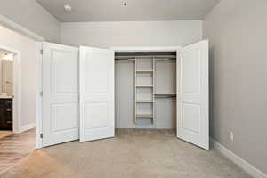 Unfurnished bedroom with a closet and light carpet