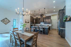 Dining room with sink and light wood-type flooring