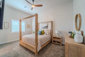 Bedroom with carpet flooring and ceiling fan