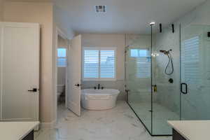 Full bathroom featuring toilet, vanity, and shower with separate bathtub