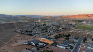 Aerial view at dusk with a mountain view