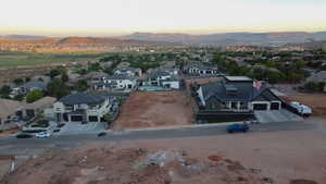 Aerial view at dusk with a mountain view