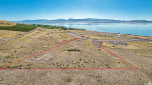 Aerial view with a water and mountain view