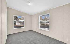 Empty room with carpet floors and lofted ceiling