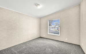 Carpeted spare room featuring lofted ceiling