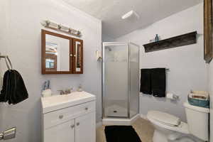 Bathroom with a textured ceiling, toilet, vanity, and walk in shower