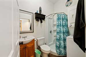 Bathroom featuring toilet, a shower with shower curtain, and vanity