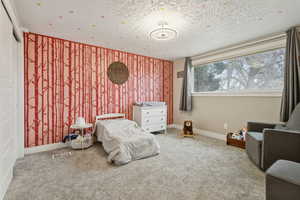 Carpeted bedroom with a textured ceiling