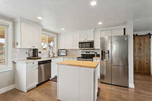 Kitchen with appliances with stainless steel finishes, white cabinets, a center island, a barn door, and sink