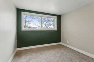 Unfurnished room featuring carpet floors and a textured ceiling