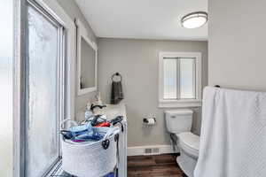 Bathroom with hardwood / wood-style flooring, vanity, and toilet