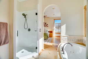 Bathroom featuring ceiling fan, plus walk in shower, and hardwood / wood-style floors