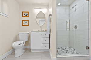 Basement bathroom with vanity, toilet, and a shower with shower door