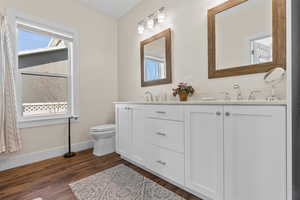 Bathroom with toilet, vanity, and hardwood / wood-style floors