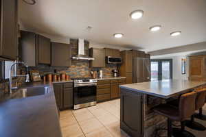 Kitchen featuring a center island, a sink, backsplash, stainless steel appliances, and wall chimney range hood