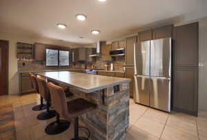 Kitchen featuring a center island, appliances with stainless steel finishes, a kitchen bar, open shelves, and wall chimney exhaust hood