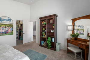 Master Bedroom with a towering ceiling, light carpet, a closet, and a walk in closet