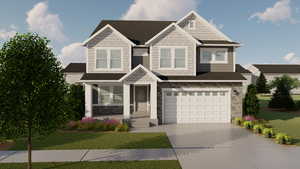 Craftsman house with stone siding, driveway, a front lawn, and a garage