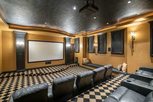 Carpeted cinema room with ornate columns, a textured ceiling, and a tray ceiling