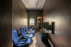 Interior space featuring baseboards, track lighting, carpet flooring, and a textured ceiling