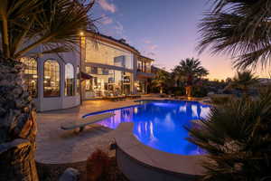 Outdoor pool with a patio area and a diving board