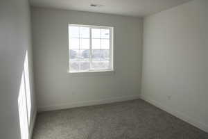 Empty room featuring visible vents, baseboards, and carpet