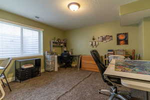 Home office featuring carpet floors and a textured ceiling