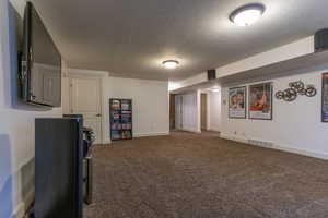 Interior space with dark colored carpet and a textured ceiling