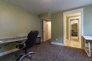 Unfurnished office featuring light carpet and a textured ceiling