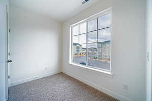 Empty room with visible vents, baseboards, and carpet flooring