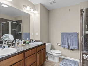 Bathroom featuring tile patterned floors, toilet, vanity, and walk in shower