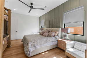 Primary Bedroom featuring visible vents, recessed lighting, a ceiling fan, and light wood finished floors