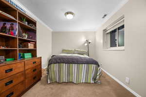 Bedroom featuring crown molding and light colored carpet