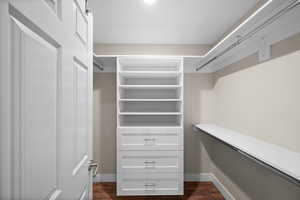 Walk in closet featuring dark hardwood / wood-style flooring