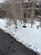 View of yard covered in snow