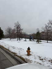 Yard layered in snow featuring a playground