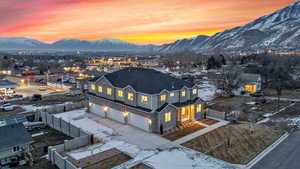 Aerial view at dusk with a mountain view