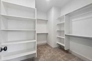 Walk in closet featuring light colored carpet