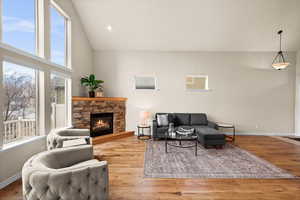 Living room featuring light hardwood / wood-style floors, a healthy amount of sunlight, and a fireplace